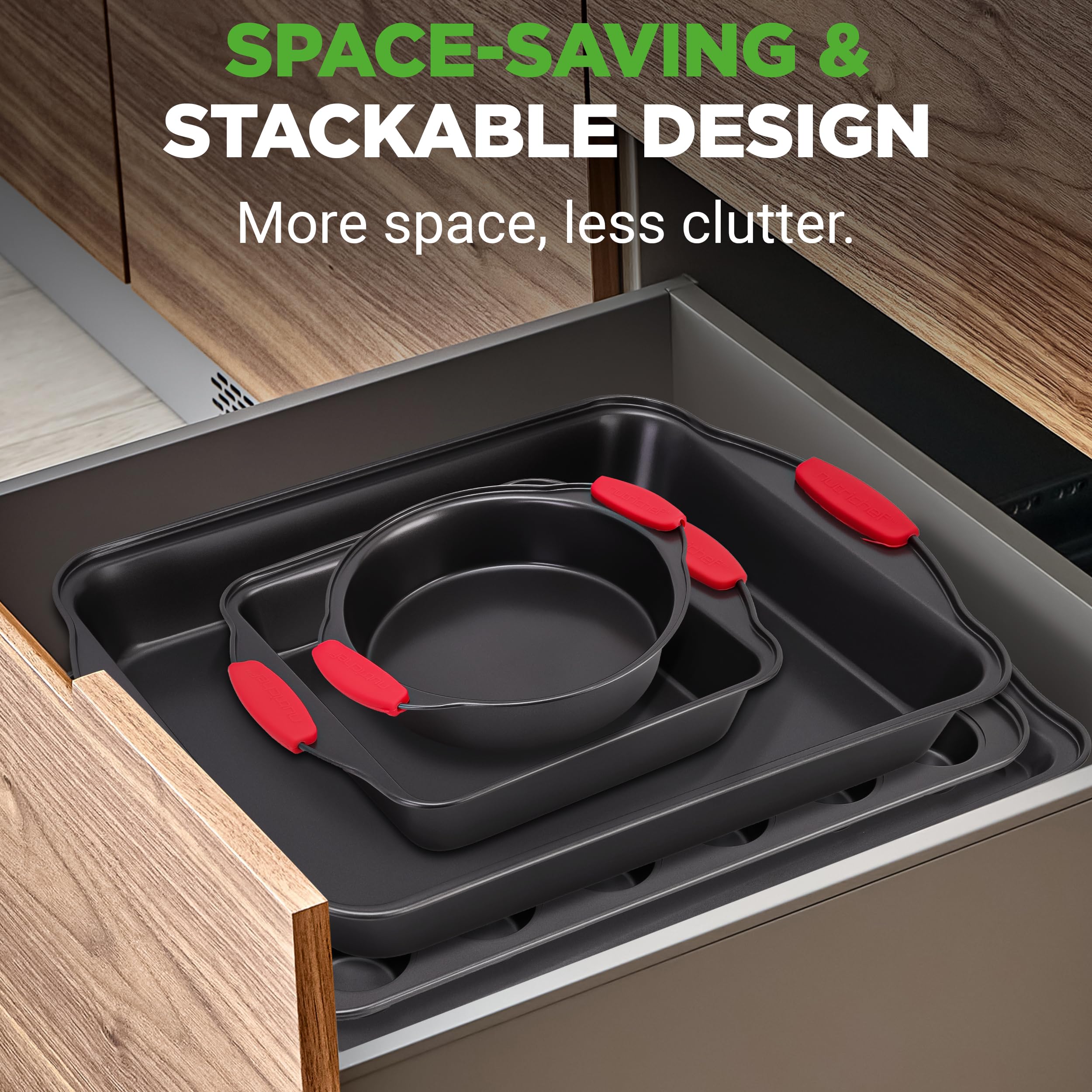 NutriChef two round pans staged with cake layers for reliable baking
