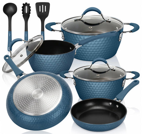 NutriChef royal blue front set showing all pieces for complete cooking
