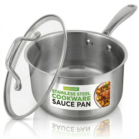 NutriChef saucepan front view showing polished exterior and lid for stylish cooking