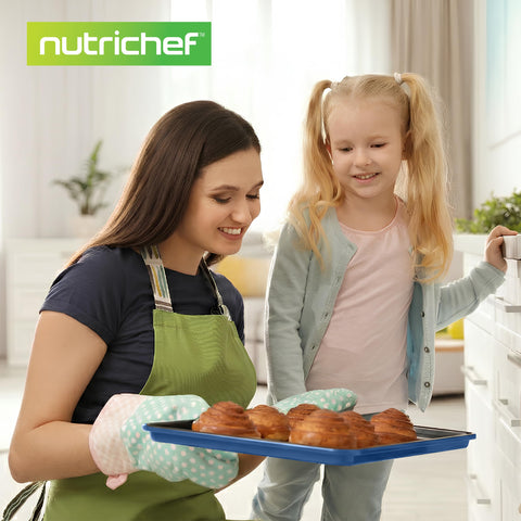 NutriChef pans next to ruler showing dimensions and accurate size comparison