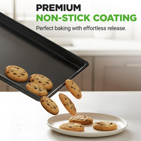NutriChef serving lasagna on tray showing sturdy support and easy transfer benefit