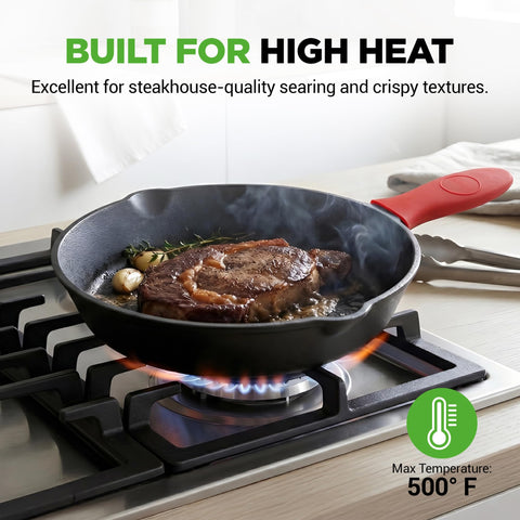 NutriChef skillet pouring from side drip spout to remove excess oil neatly and safely