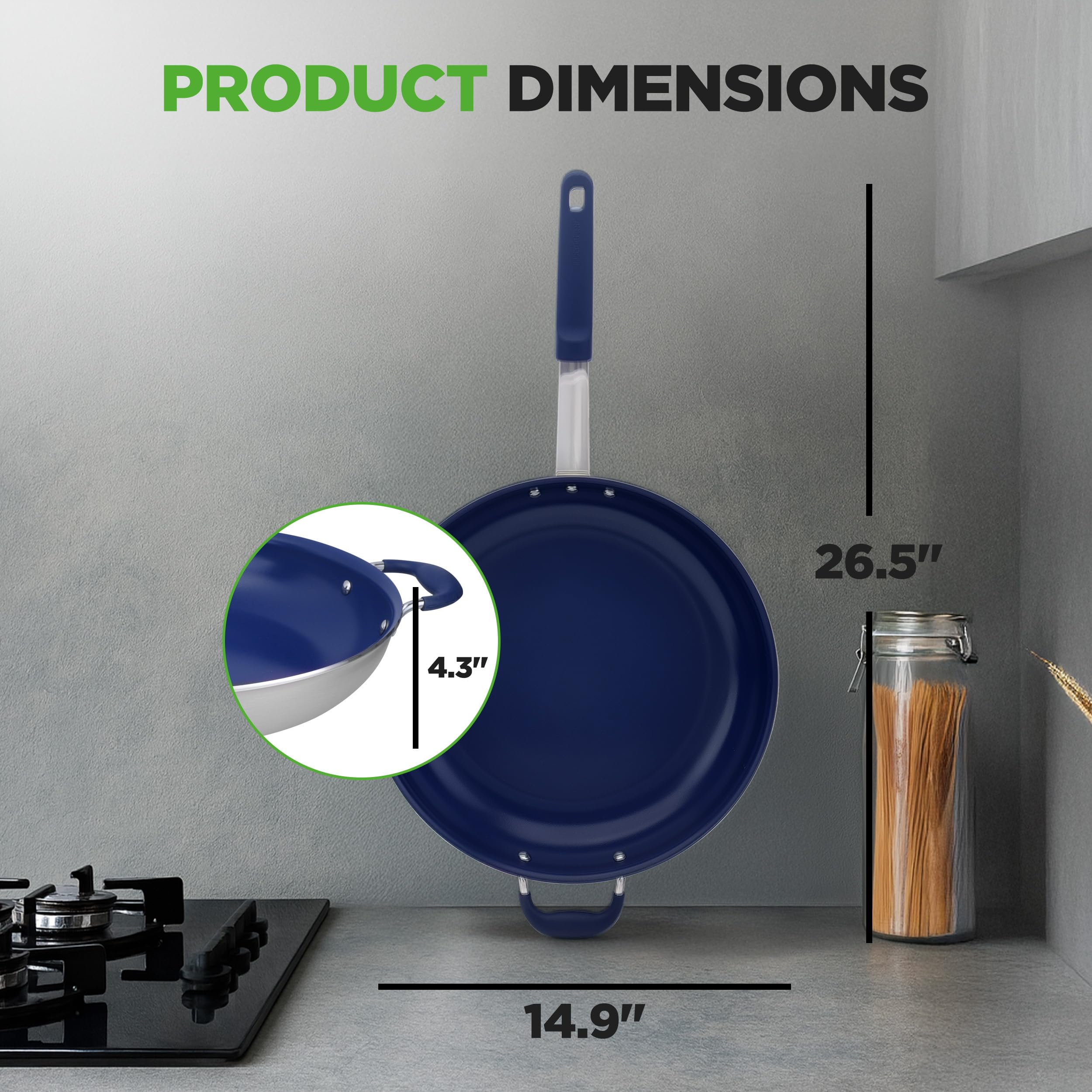 NutriChef pan size comparison with utensils to show 14-inch surface and family portions
