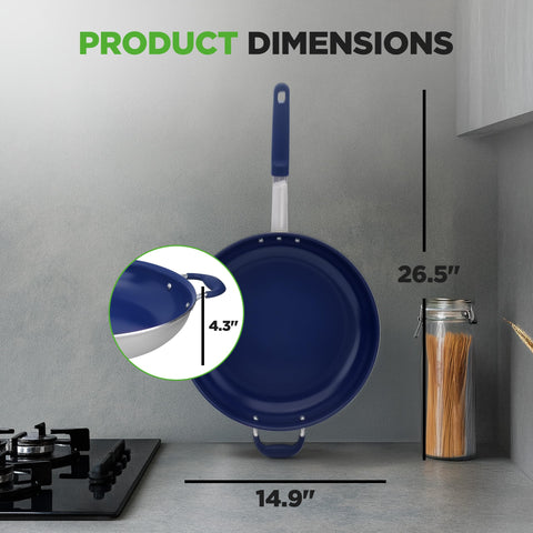 NutriChef pan size comparison with utensils to show 14-inch surface and family portions