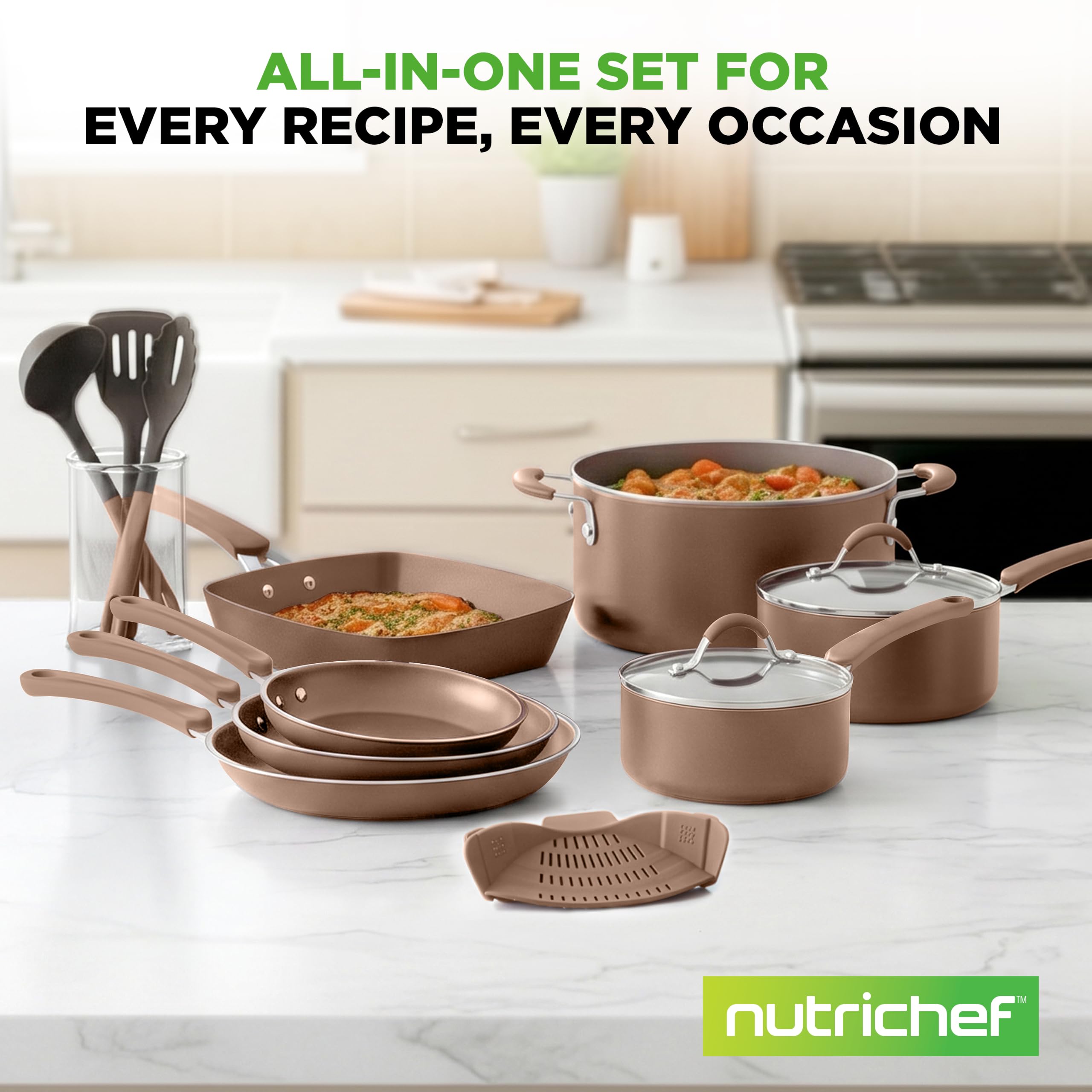 NutriChef cookware beside a hand to show scale and versatile sizes for everyday meals