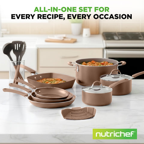NutriChef cookware beside a hand to show scale and versatile sizes for everyday meals