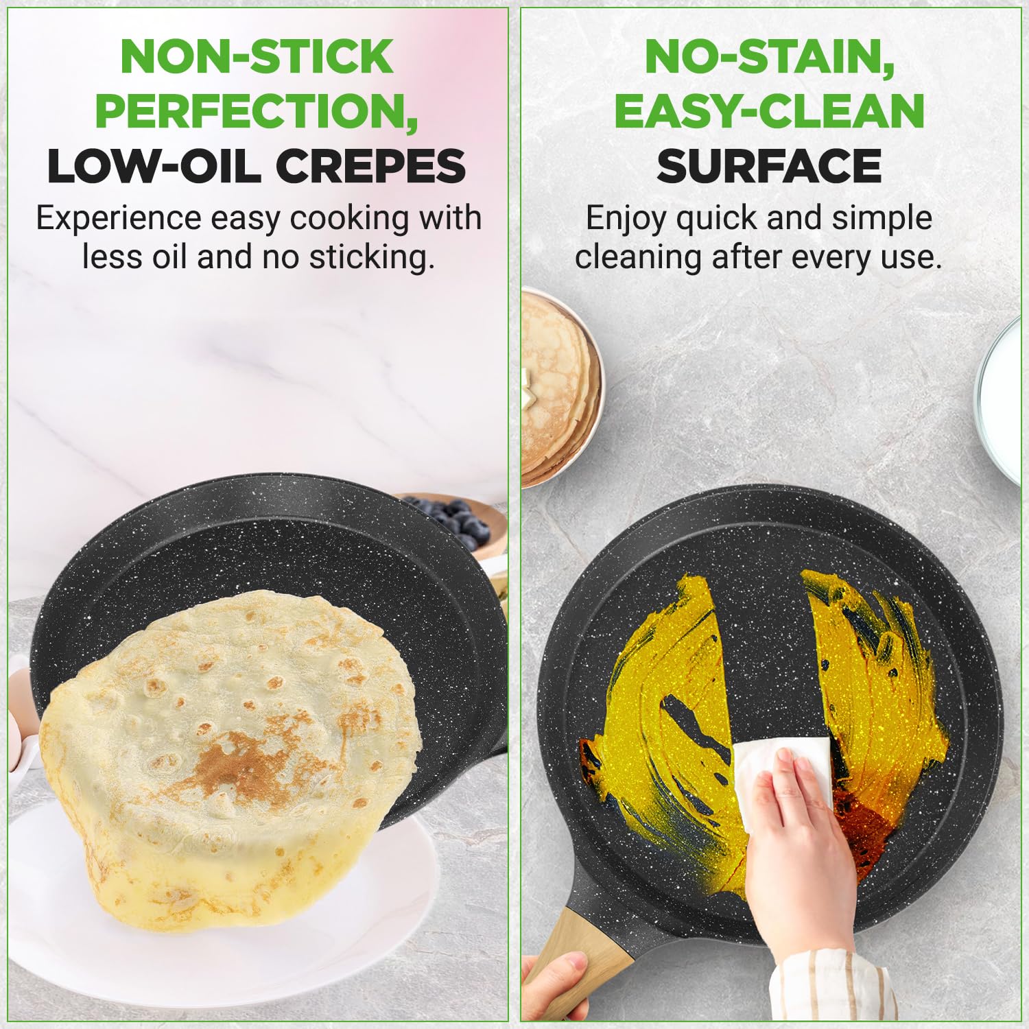 NutriChef size comparison with plate showing 11-inch pan footprint and serving clarity