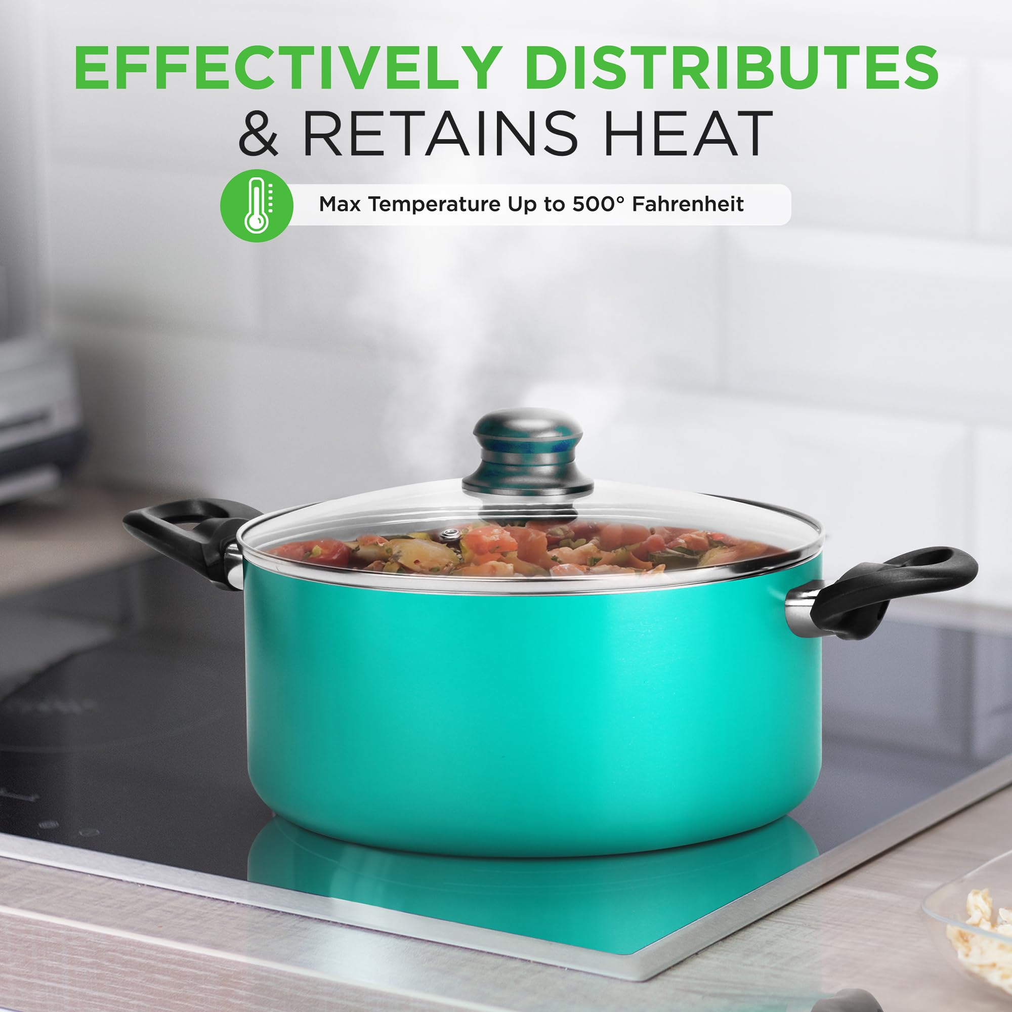 NutriChef cookware next to measuring tape showing compact nestable sizing