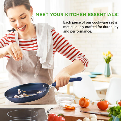 NutriChef cookware next to ruler for scale to show pot and pan sizes