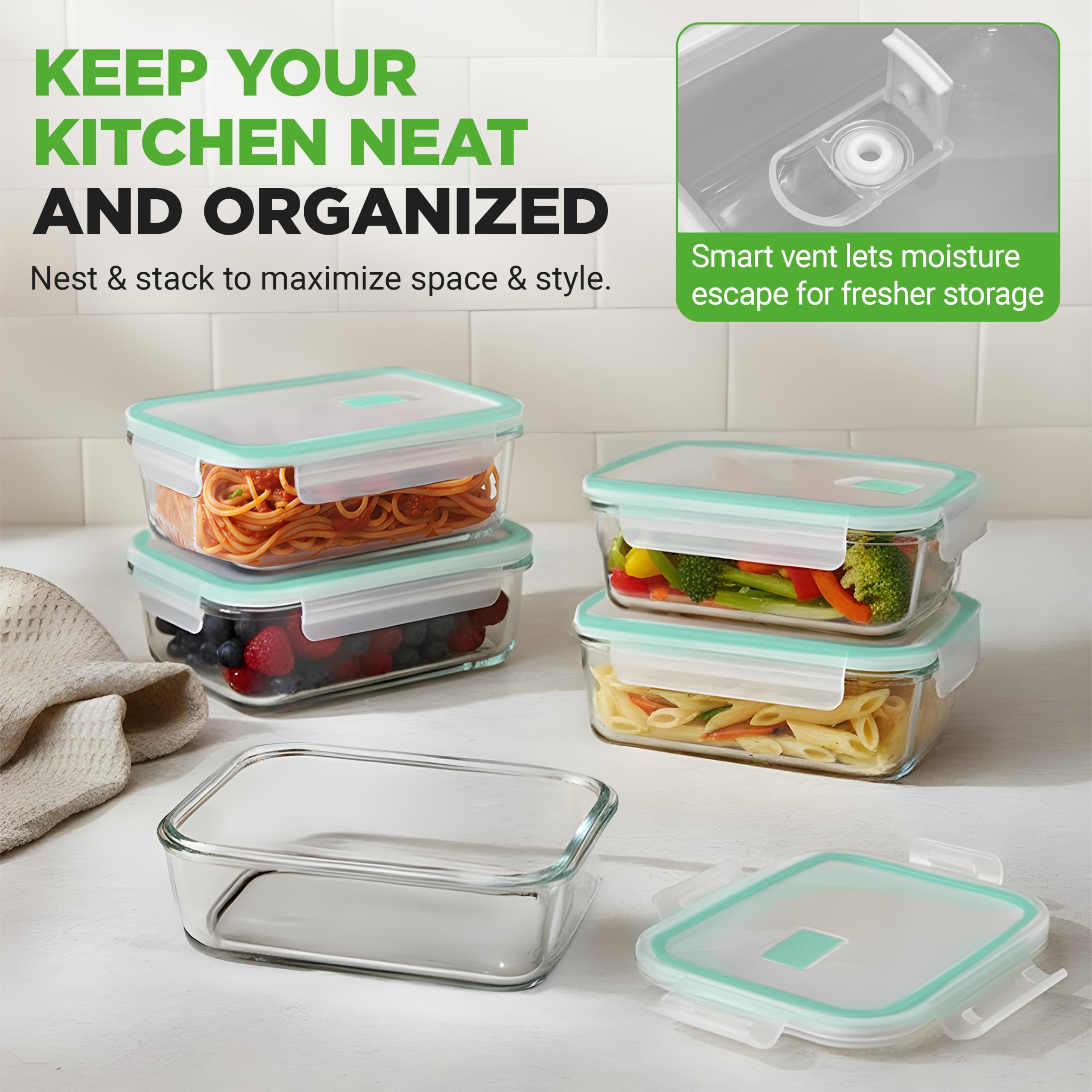 NutriChef stacked containers nesting neatly to save cabinet space and stay organized