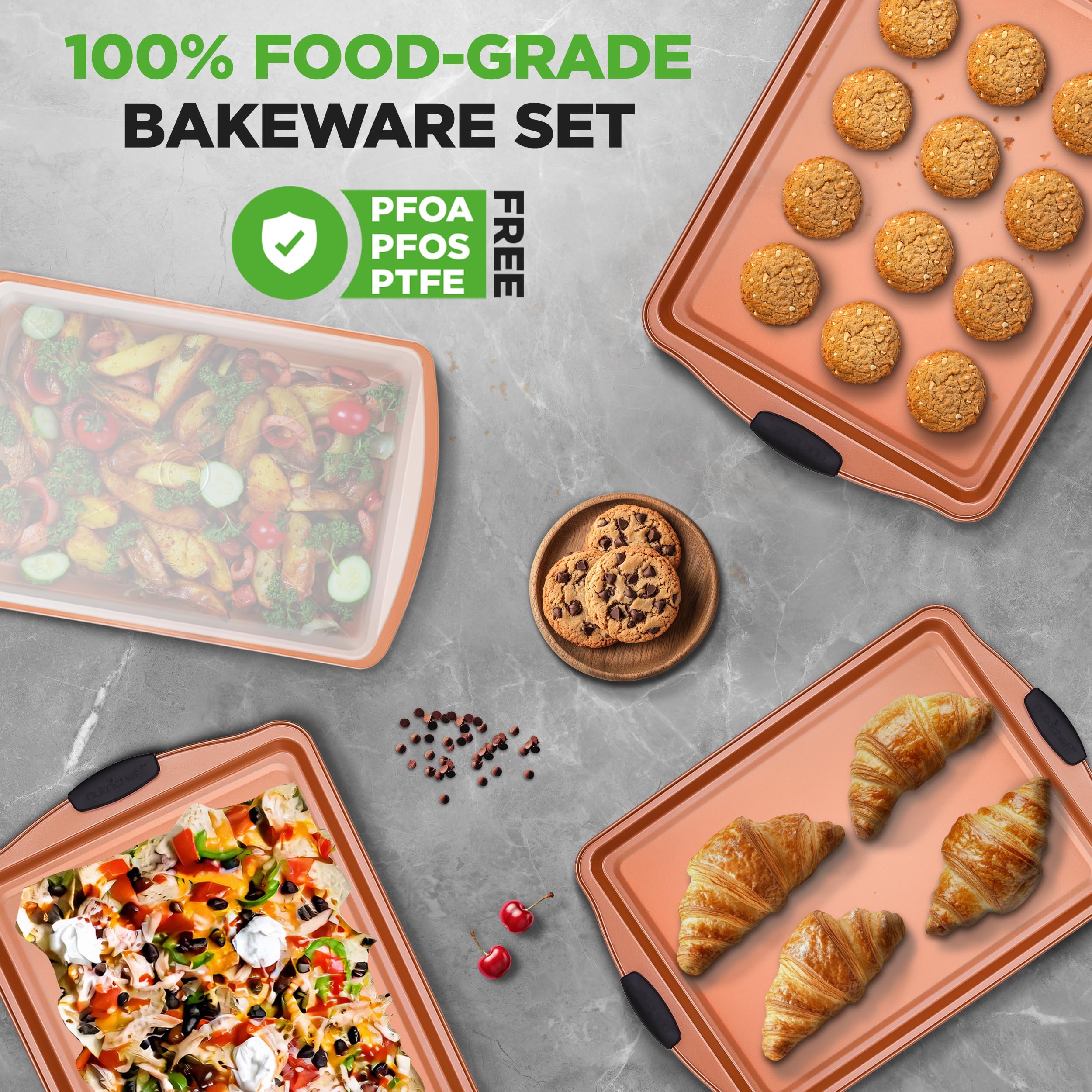 NutriChef pans stacked for storage, space-saving design organizing kitchen cabinets