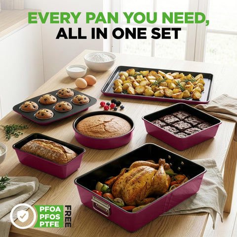 NutriChef pans stacked to show space-saving storage and organized kitchen benefit