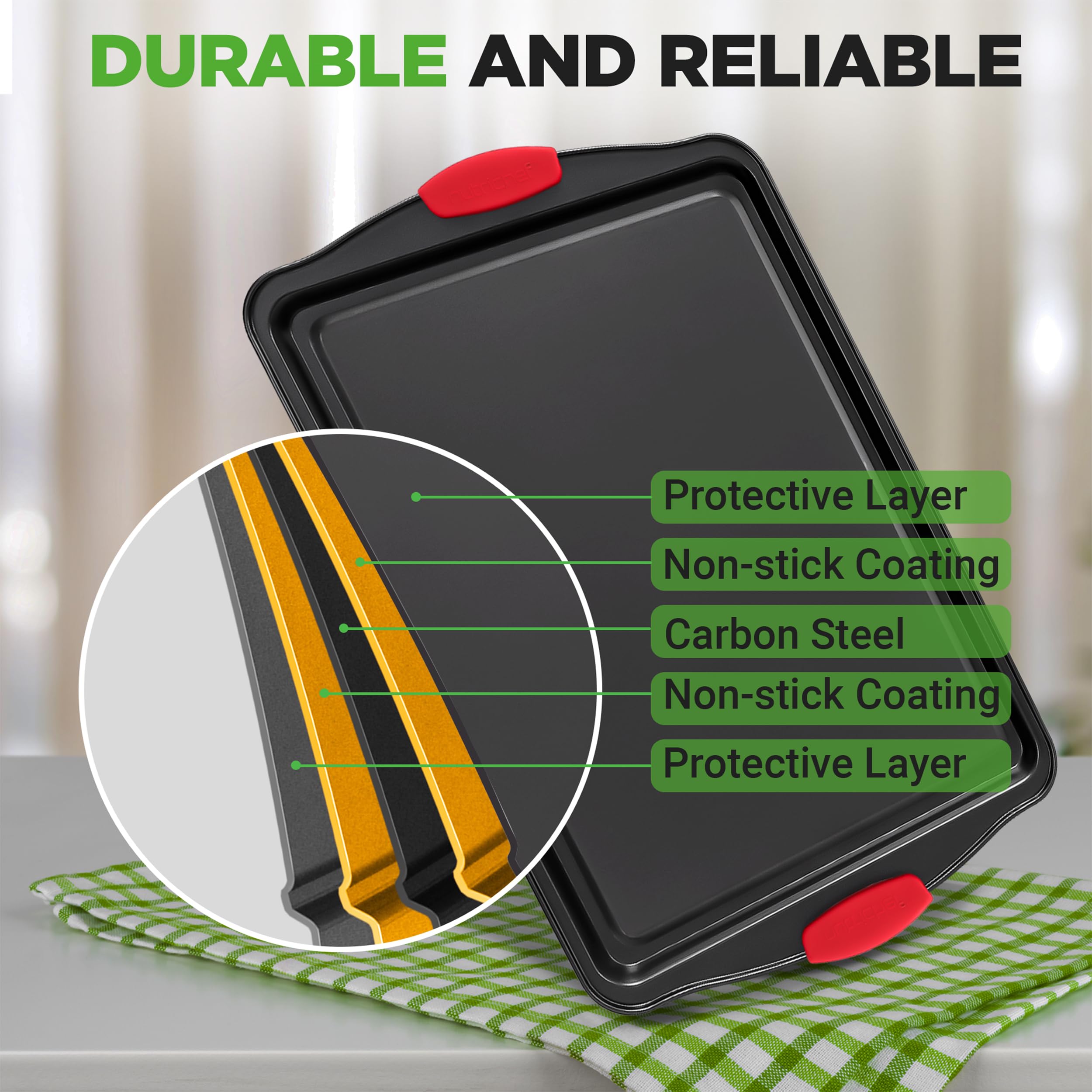NutriChef stackable pans stored compactly to save kitchen space