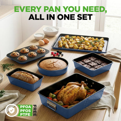 NutriChef stacked pans in a cabinet highlighting space-saving storage benefit