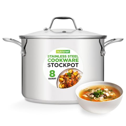 NutriChef stock pot front view showing polished exterior and capacity benefit