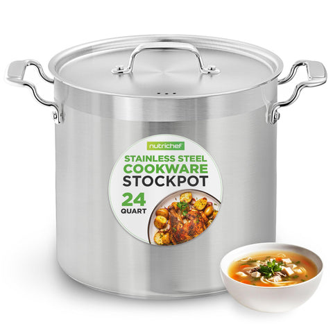 NutriChef stock pot front view showing polished exterior and lid, durable appearance