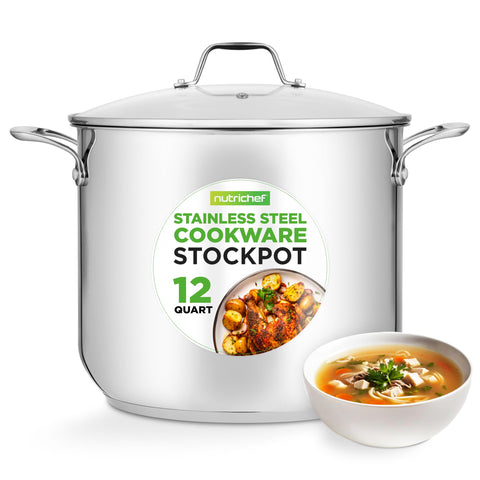 NutriChef stockpot front view showing polished exterior and capacity benefit