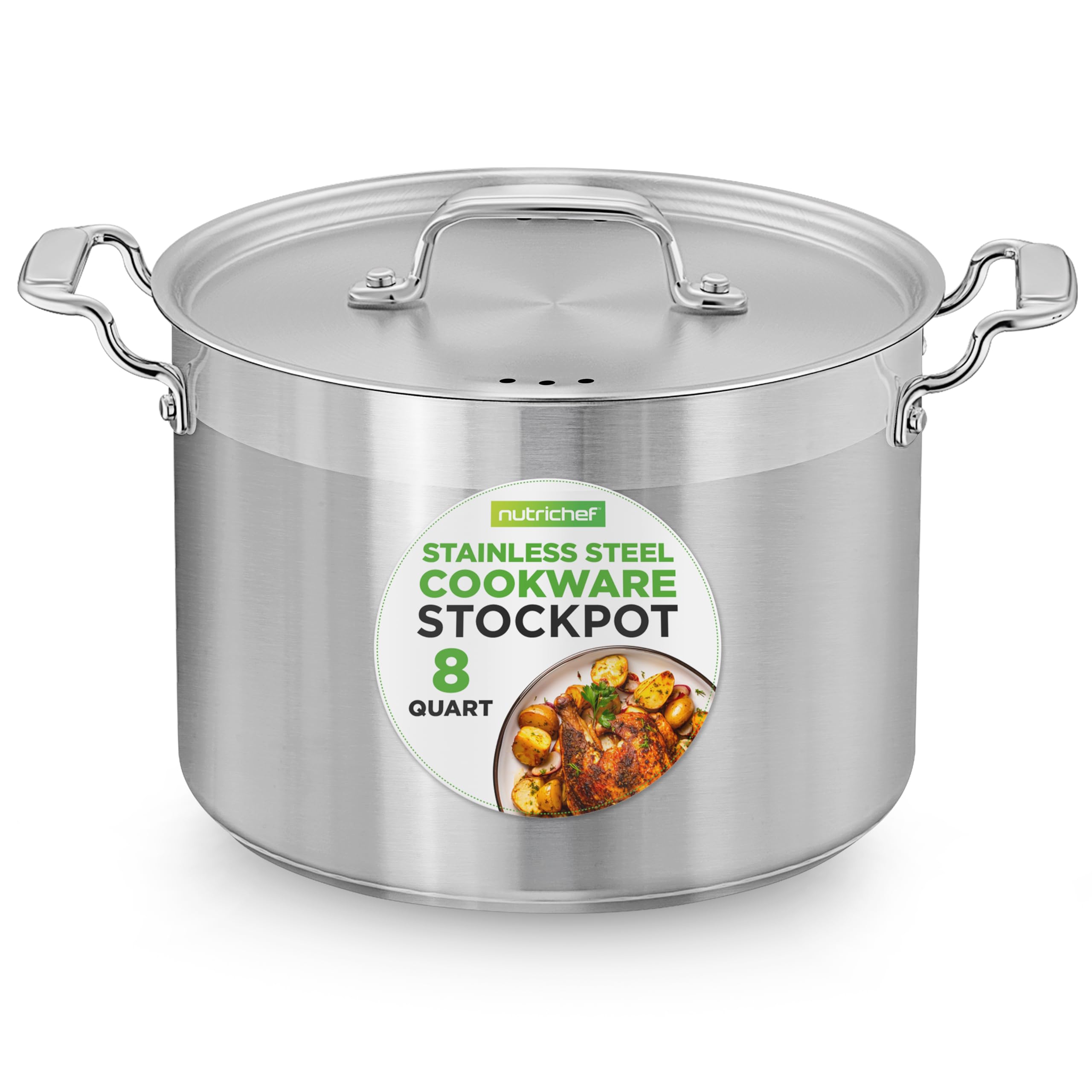 NutriChef stockpot front view showing full pot and polished exterior, durable cooking solution