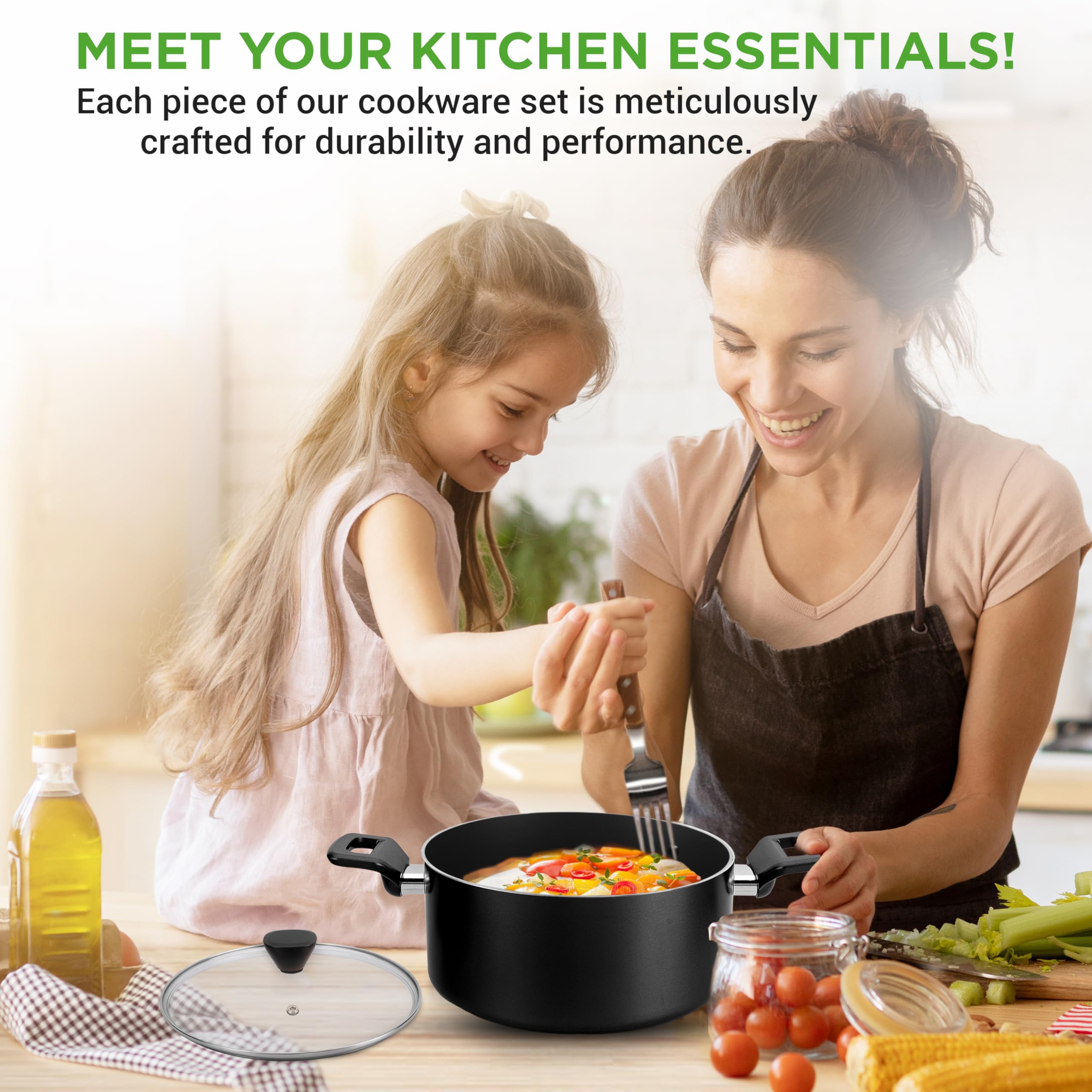 NutriChef utensils and strainer protecting cookware with scratch-free tools