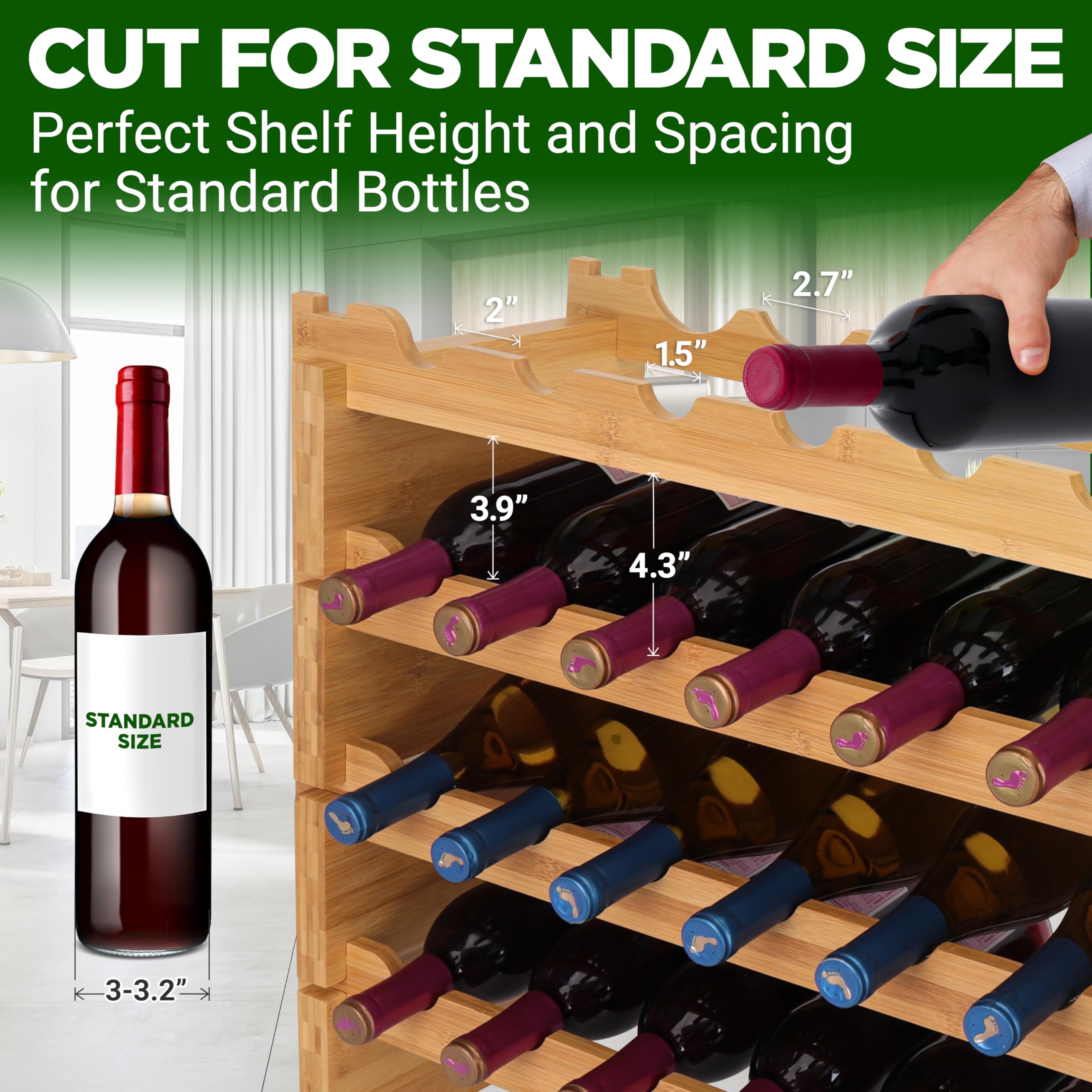 NutriChef rack with bottles for scale demonstrates 36-bottle capacity and compact footprint