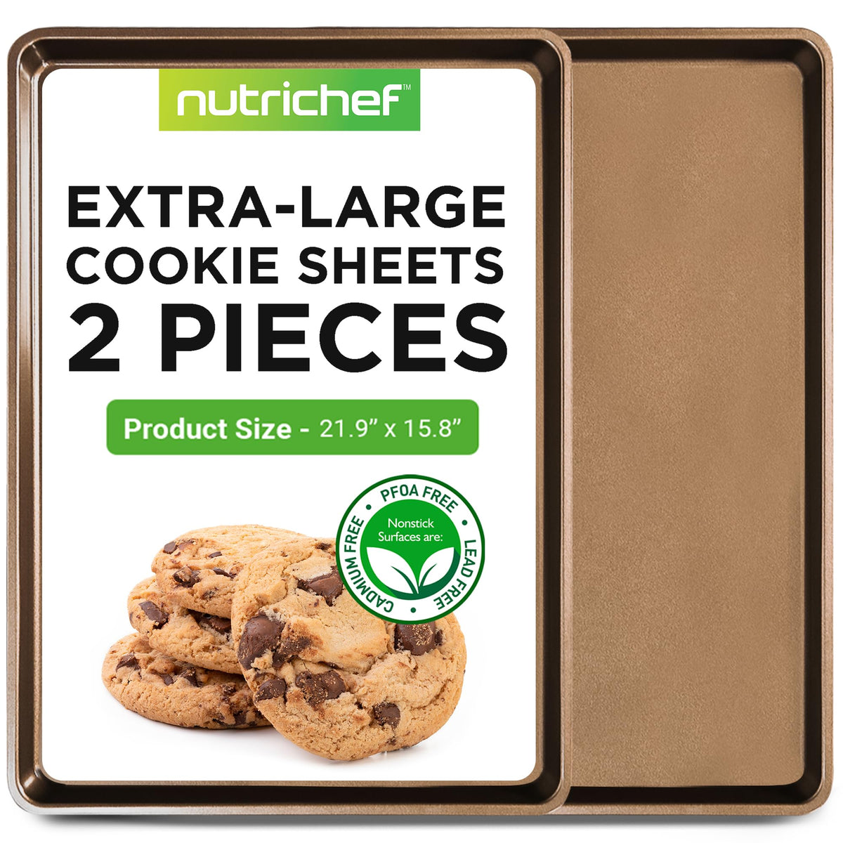 NutriChef front view of XL cookie sheets showing size and finish, for reliable oven fit