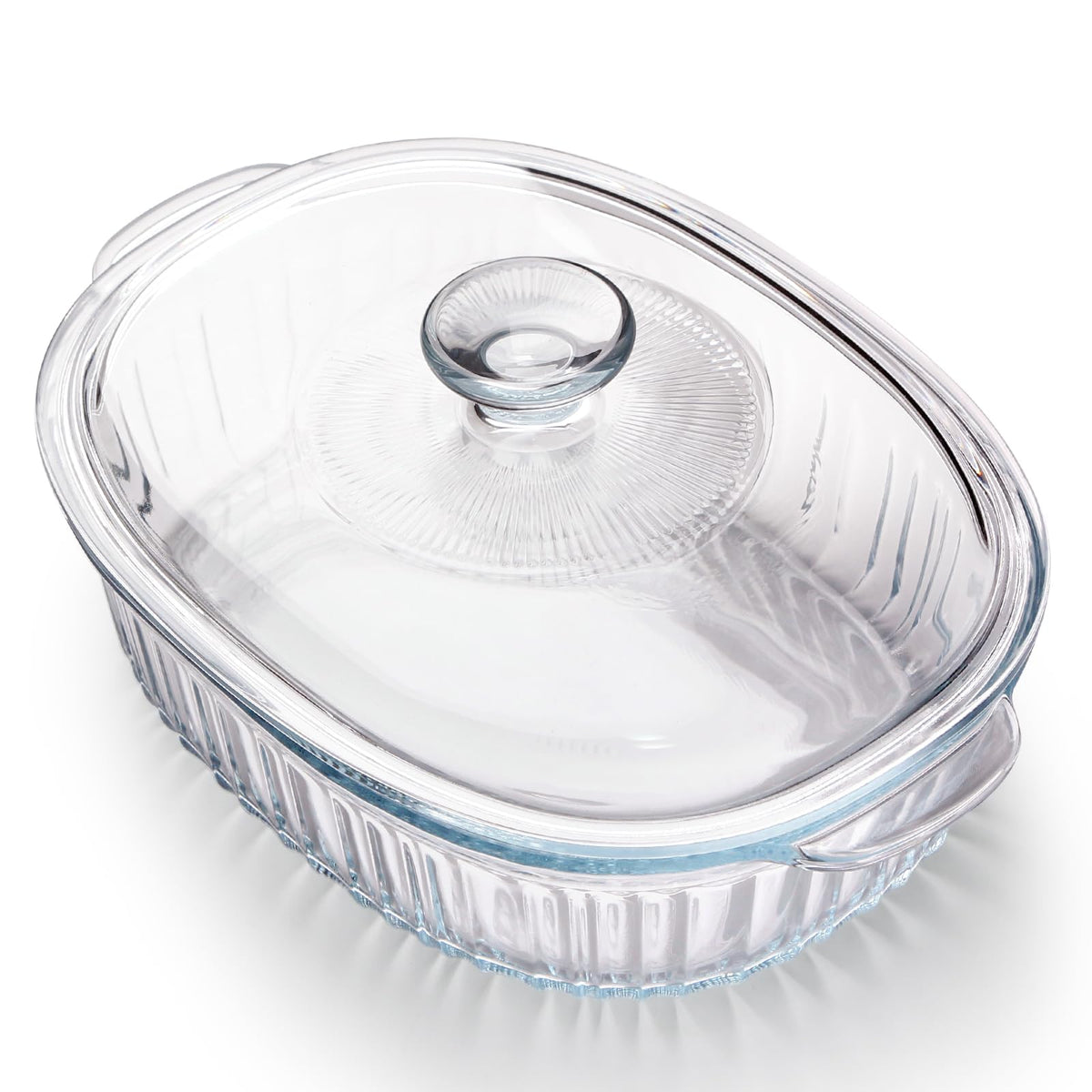 NUTRIUPS front view of oval casserole dish showing elegant stripe design and capacity