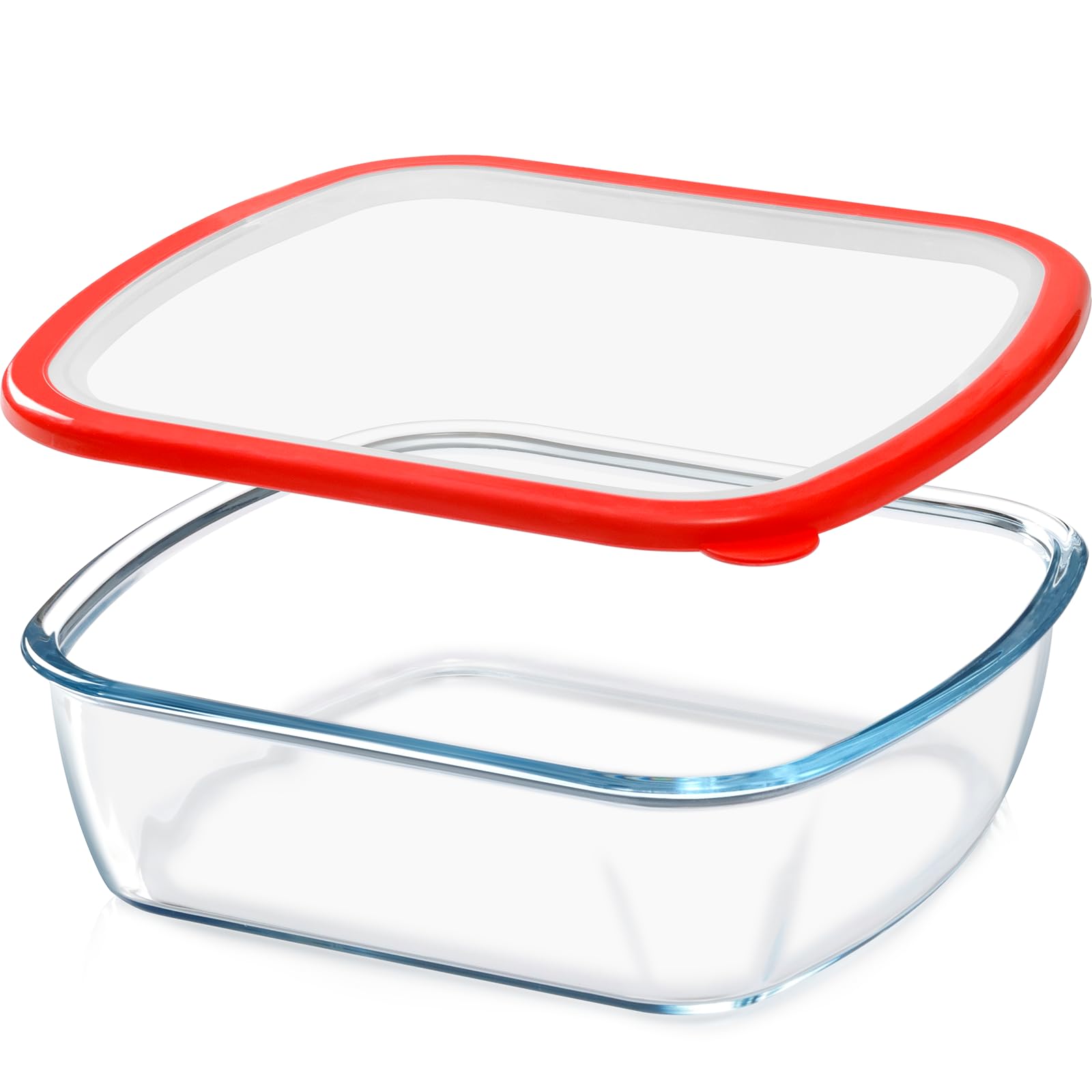 NUTRIUPS front view of square glass dish shows sturdy bakeware and easy serving