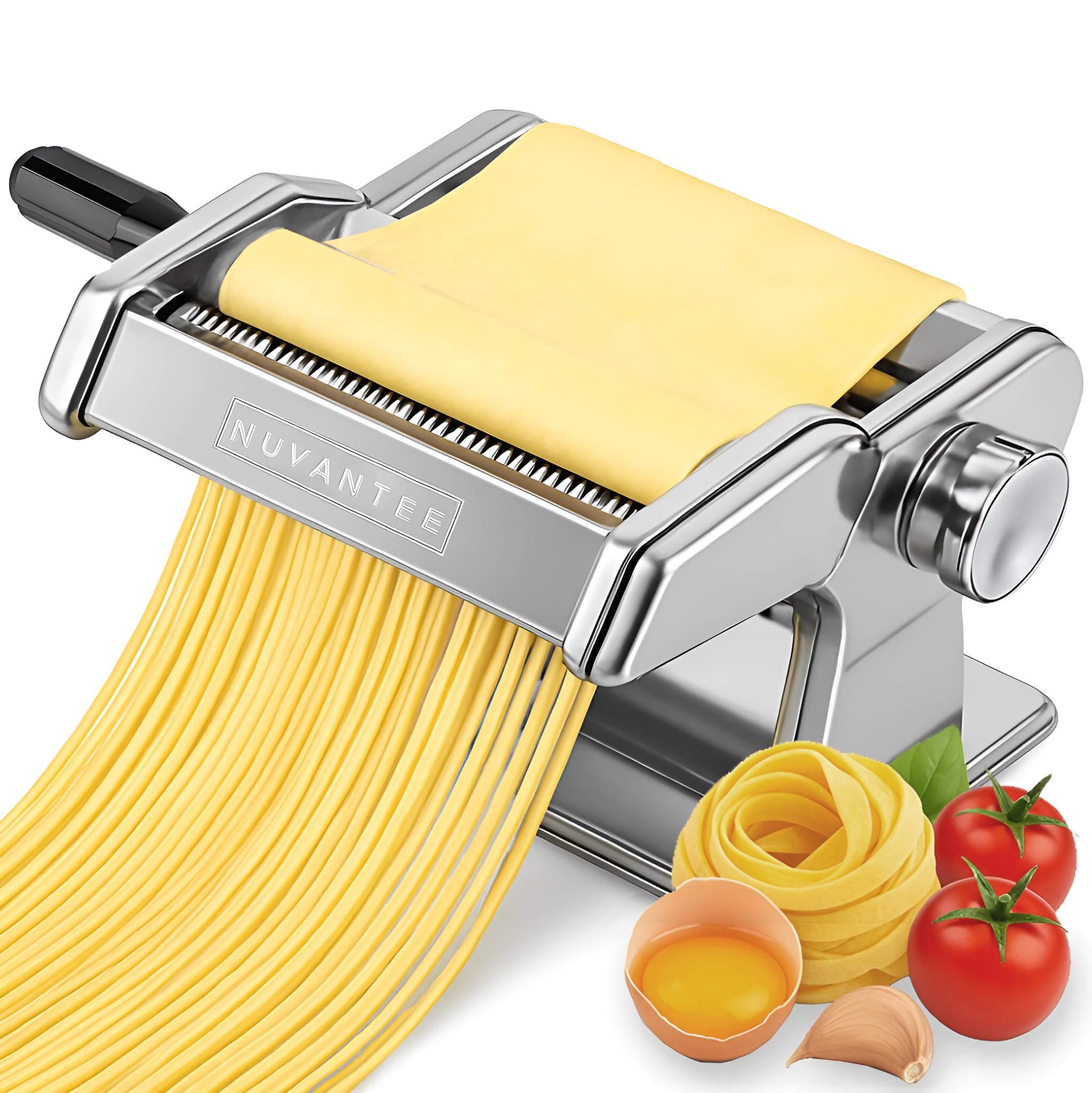 Nuvantee front view of stainless steel pasta maker showing durable build and easy crank