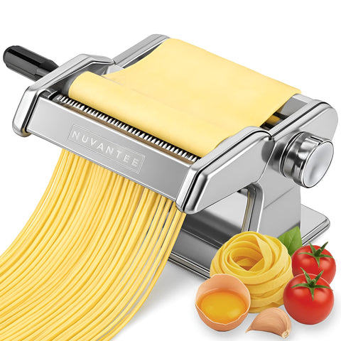 Nuvantee front view of stainless steel pasta maker showing durable build and easy crank