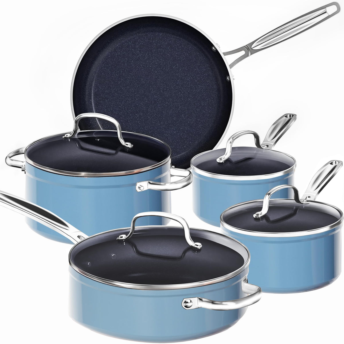 Nuwave front view of 9pc set showing cookware and lids for full kitchen versatility