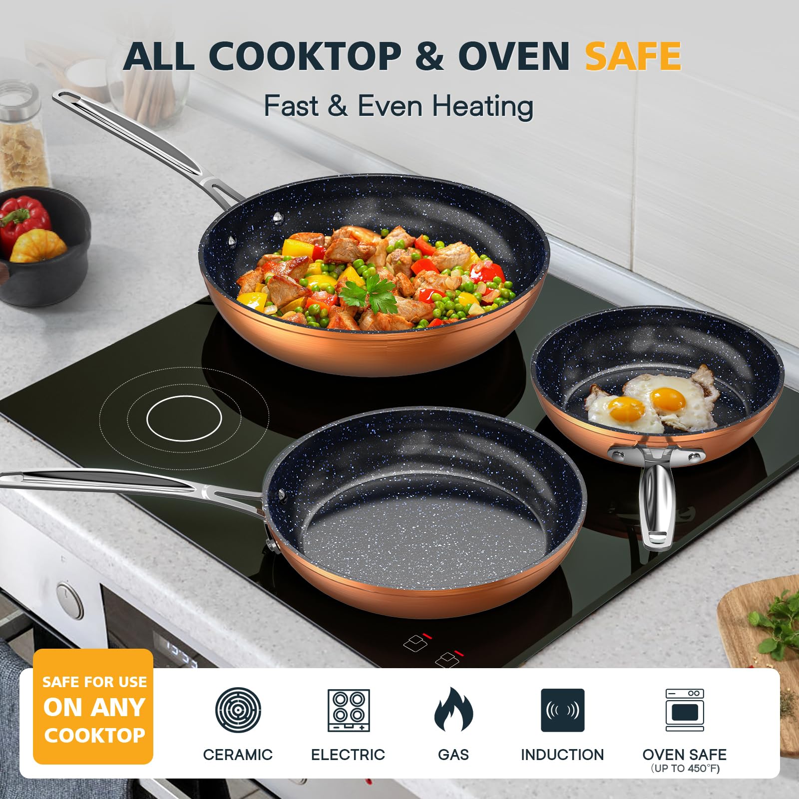 Nuwave pan cooking eggs on stovetop demonstrating fast even heating