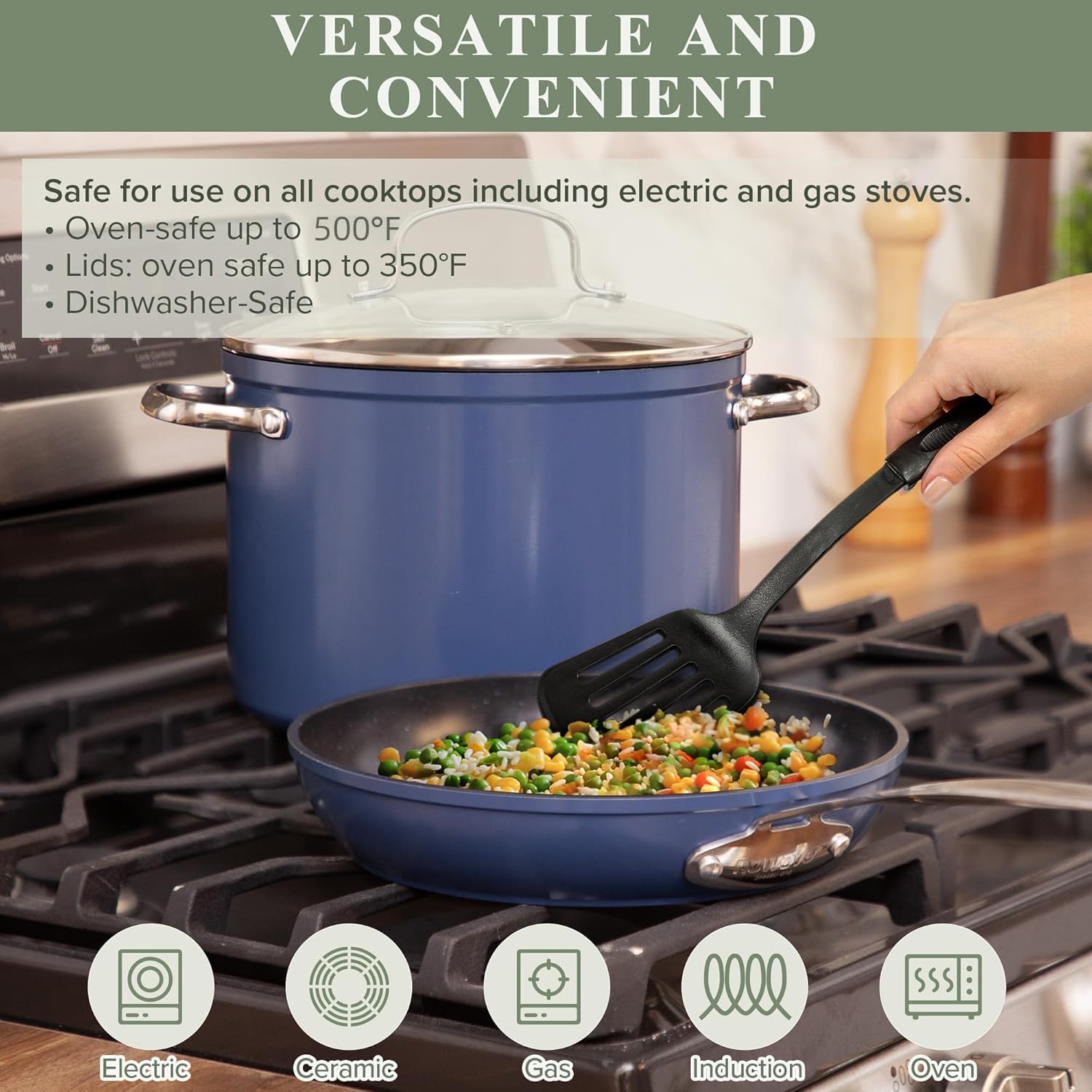 Nuwave 9.5-inch fry pan cooking vegetables demonstrating easy release