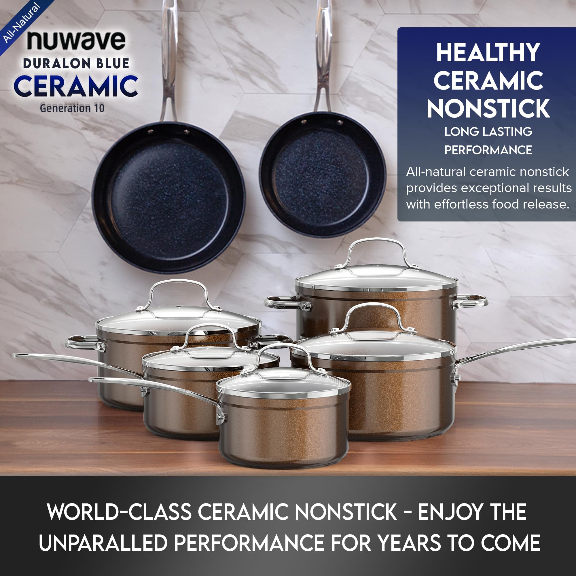 Nuwave pan being held to show lightweight forged construction advantage