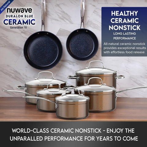 Nuwave pan being held to show lightweight forged construction advantage