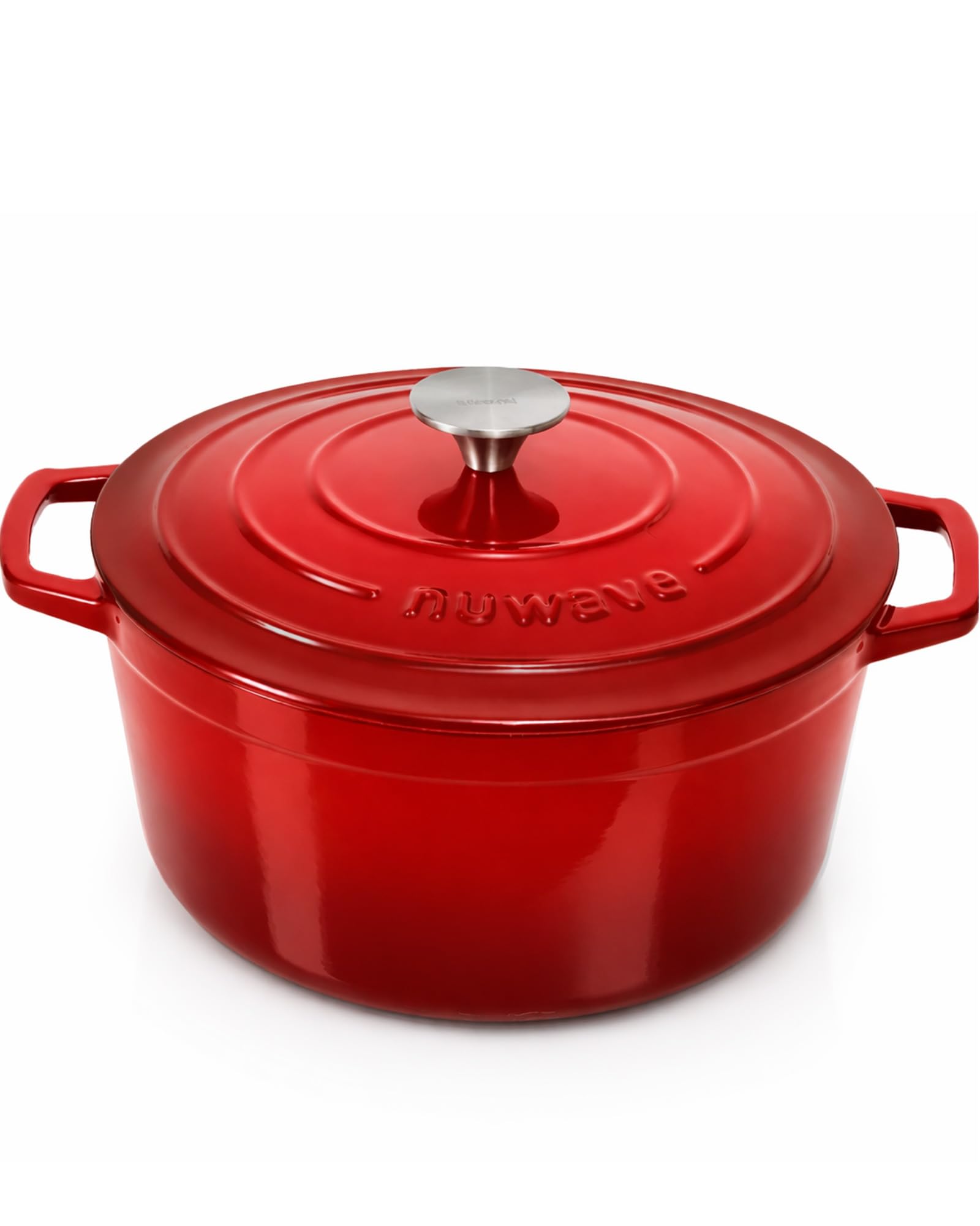 Nuwave front view of 6QT Dutch oven showing durable enamel and elegant finish for serving
