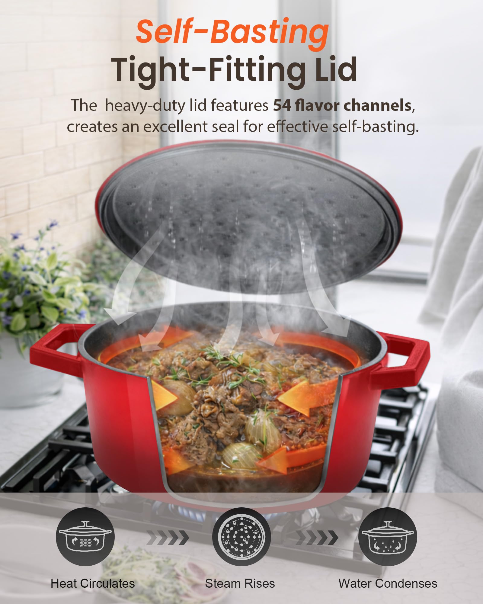 Nuwave Dutch oven inside oven roasting a roast and bread for oven-to-table versatility