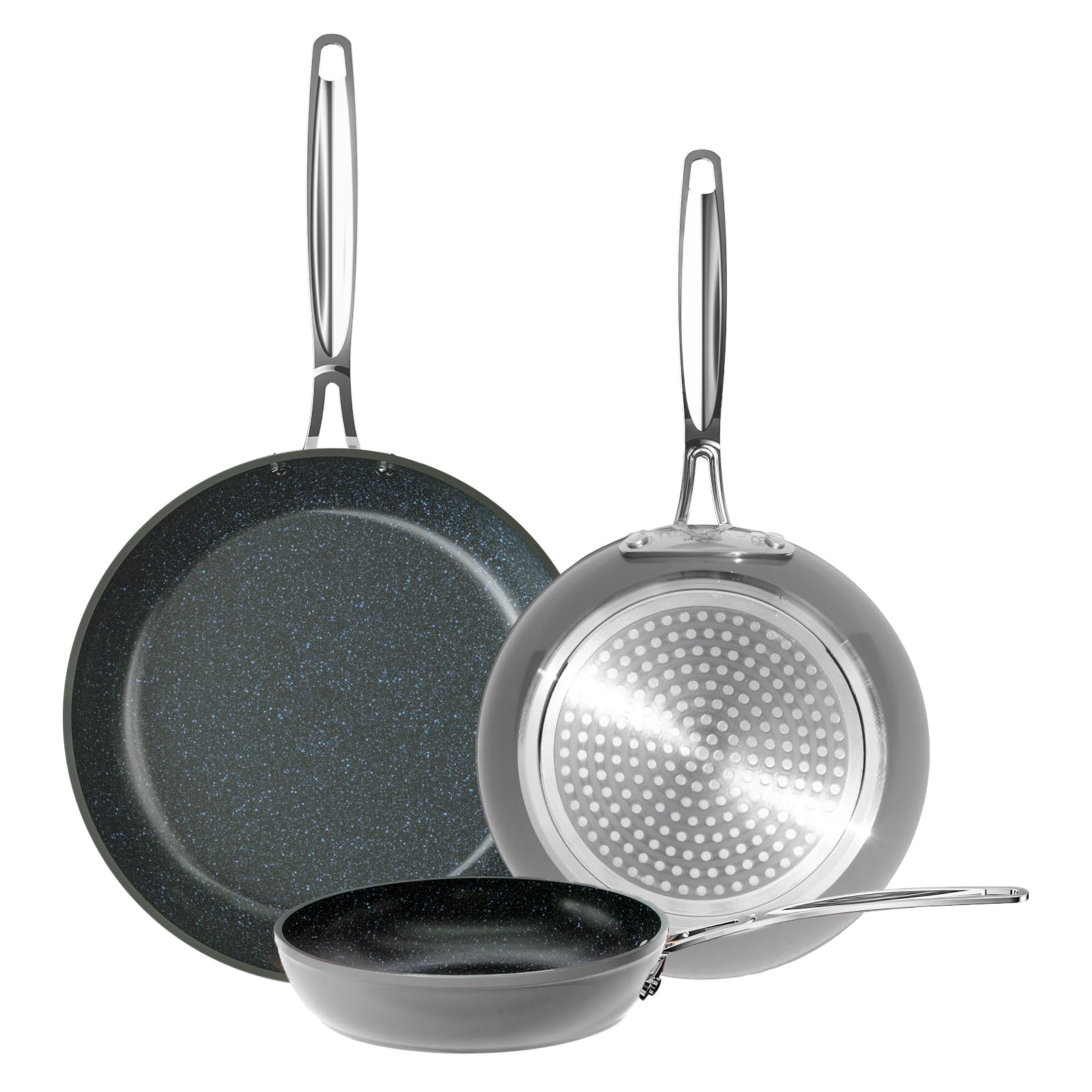Nuwave front view of three pans showing lightweight forged bodies and neat finish