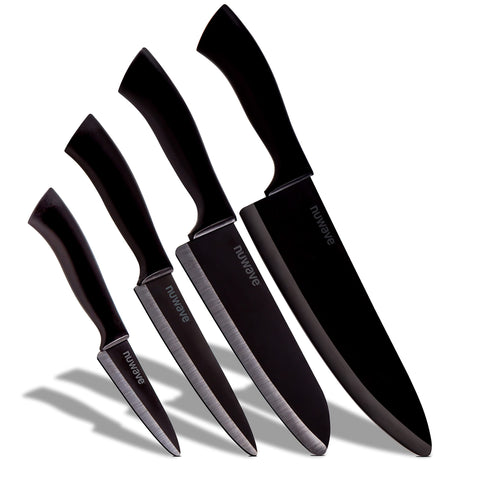 Nuwave front packaging showing full black ceramic knife set benefit easy selection