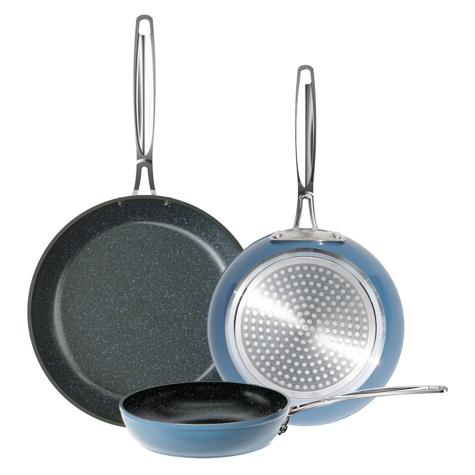 Nuwave front view of the three pan set showing compact packaging and sizes benefit