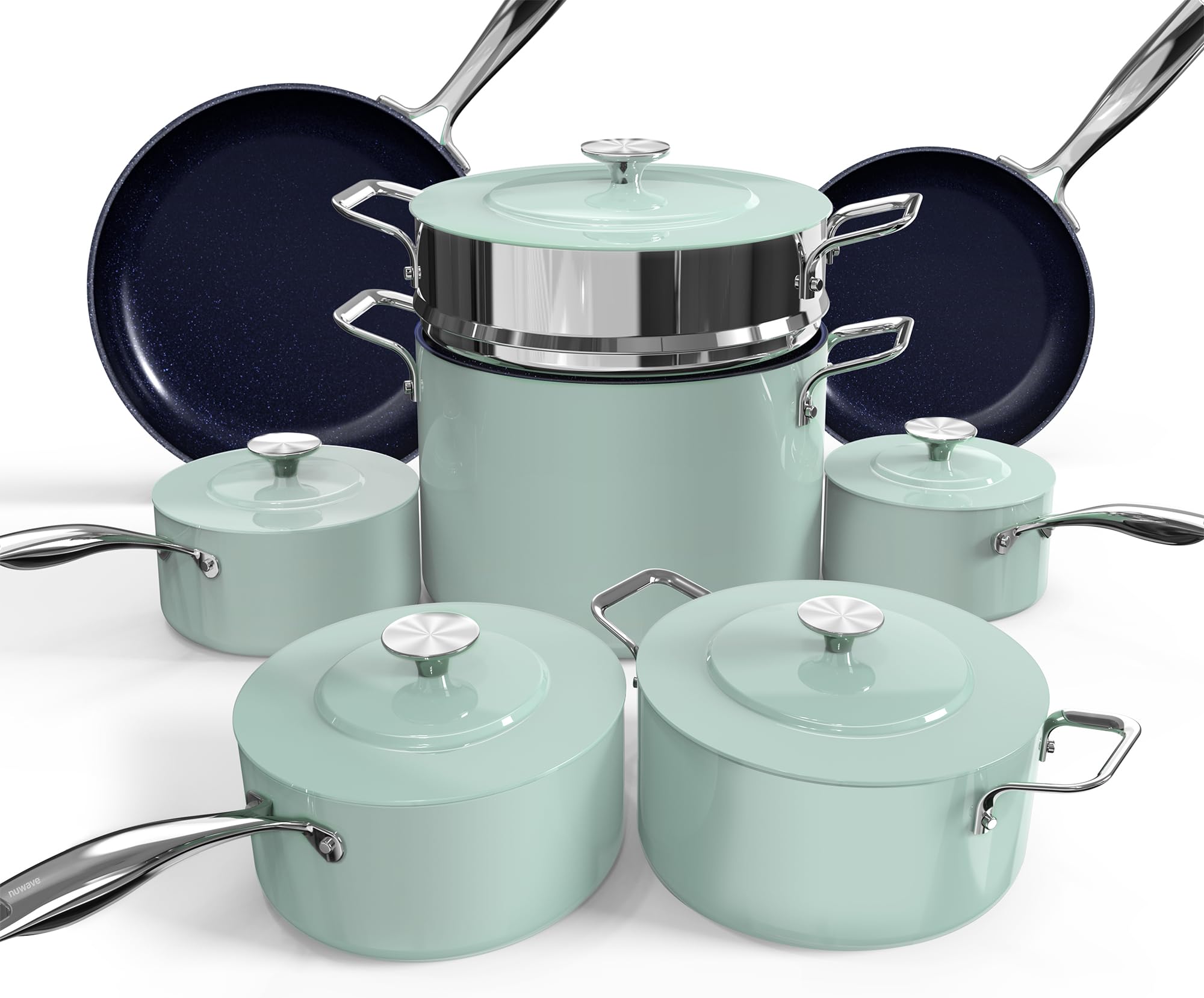 Nuwave Lux 13pc set front view showing full cookware collection and organized layout