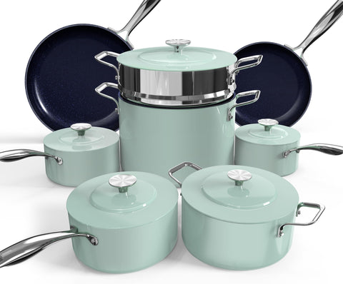 Nuwave Lux 13pc set front view showing full cookware collection and organized layout