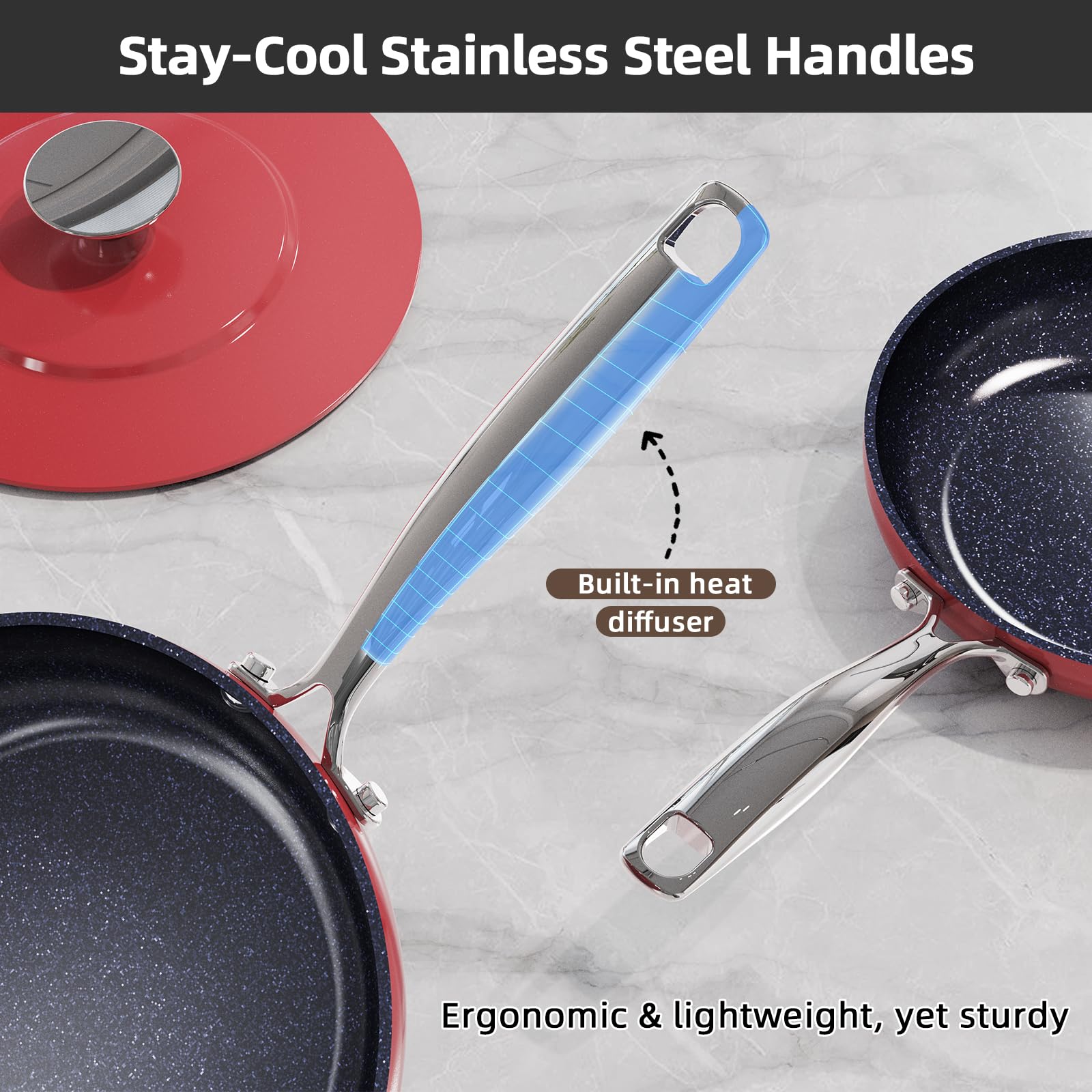Nuwave pan next to utensils illustrating scale and kitchen fit
