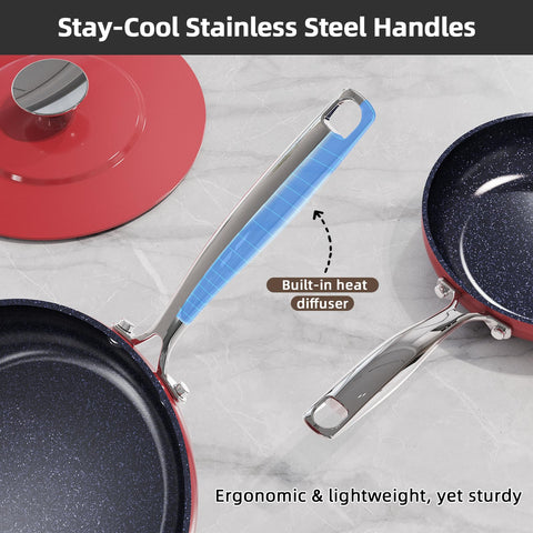 Nuwave pan next to utensils illustrating scale and kitchen fit