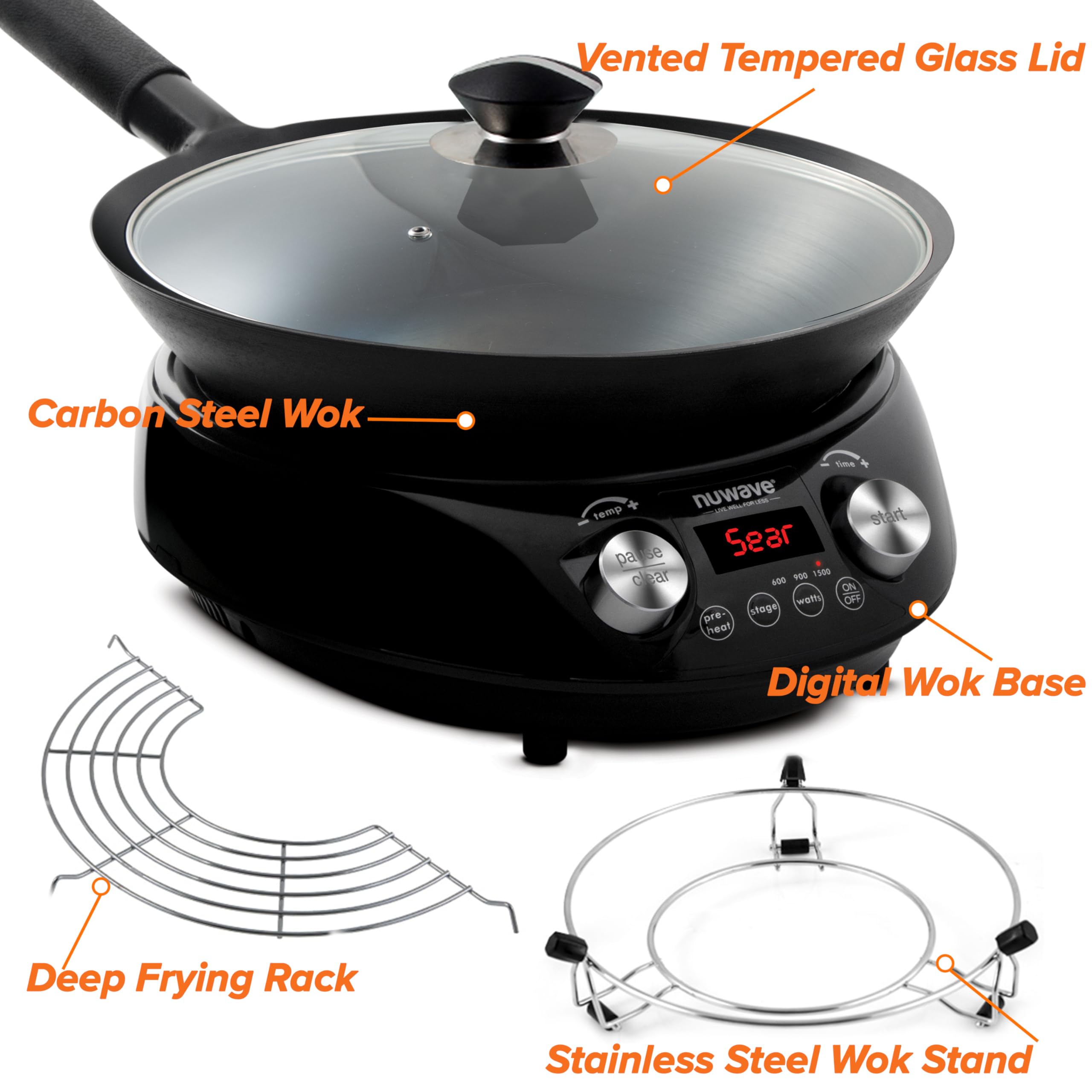 Nuwave Mosaic wok searing vegetables to achieve high-heat stir-fry flavor