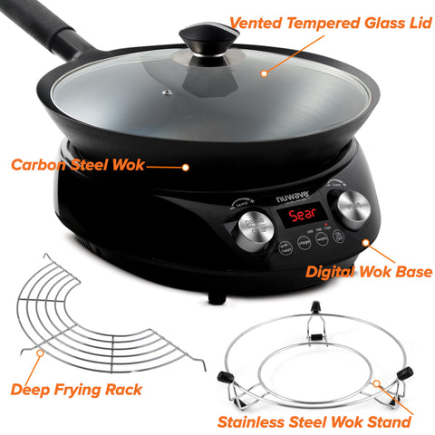 Nuwave Mosaic wok searing vegetables to achieve high-heat stir-fry flavor