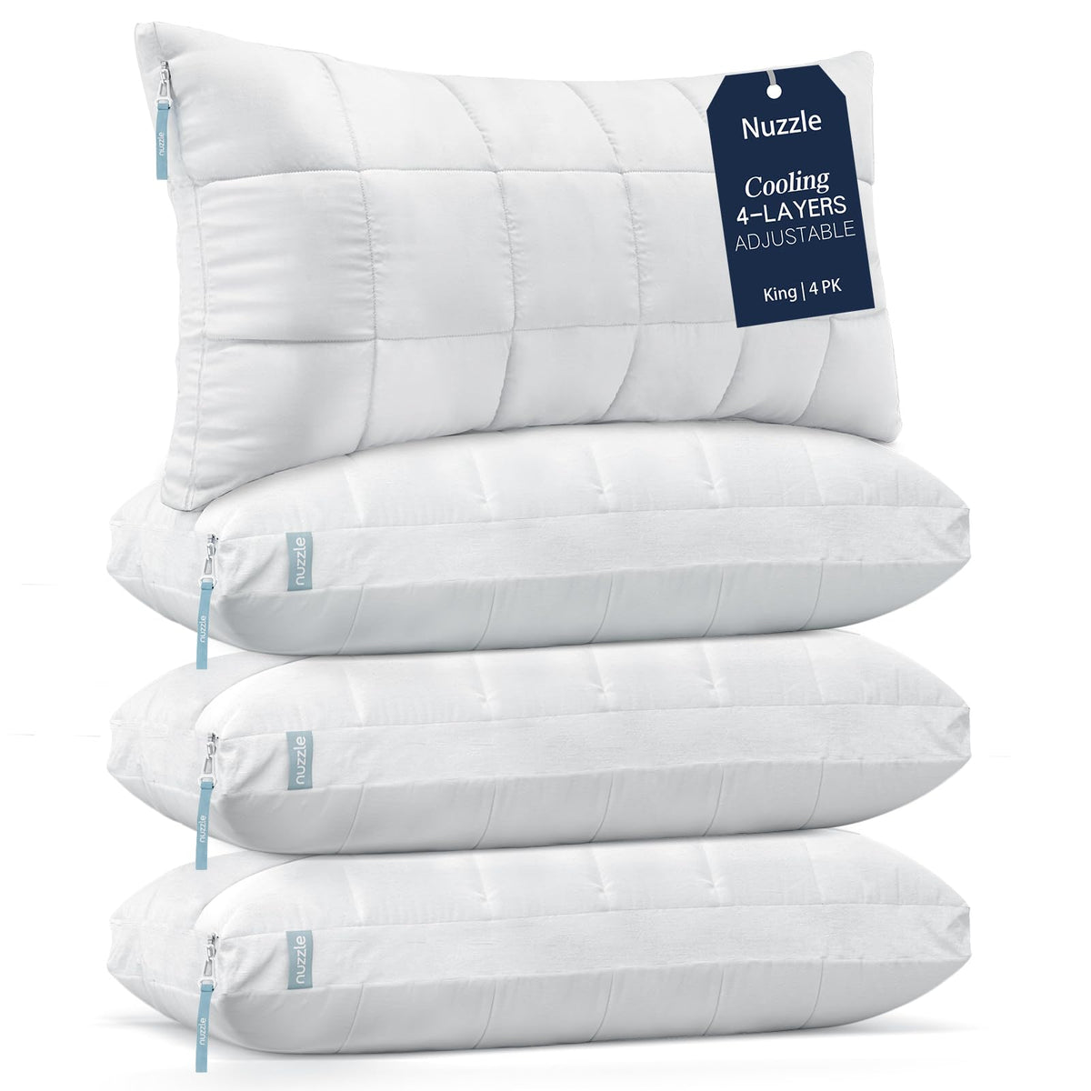 Nuzzle front packaging showing four king pillows and premium presentation benefit