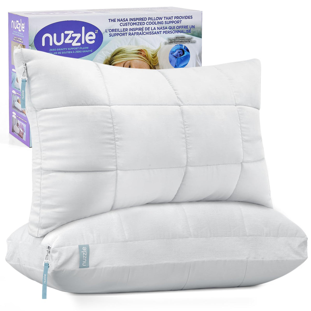 Nuzzle front packaging showing two standard pillows and gift-ready presentation for easy gifting