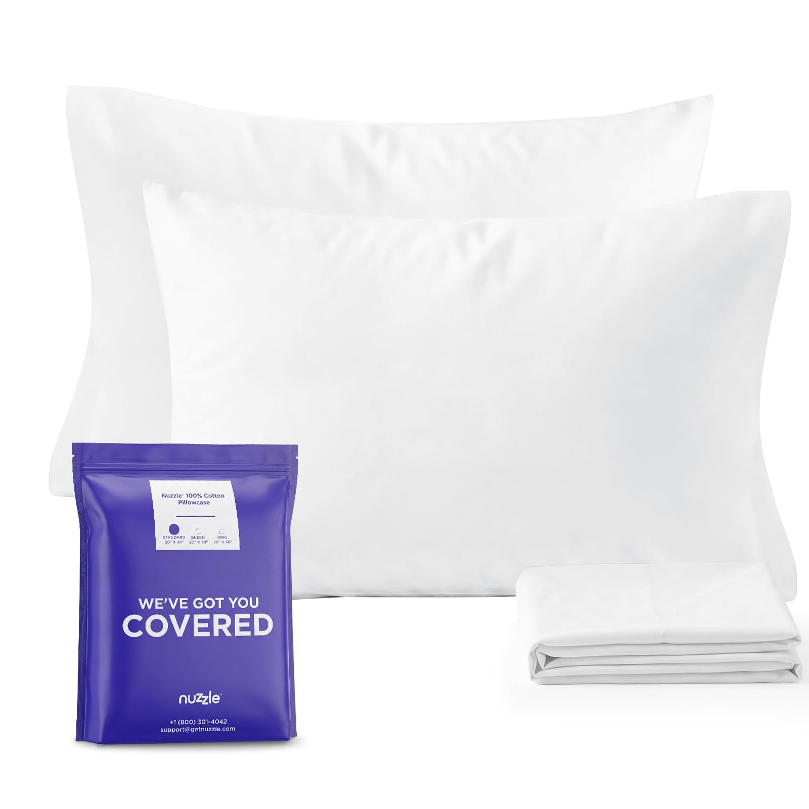 Nuzzle front packaging showing two white pillowcases for neat presentation