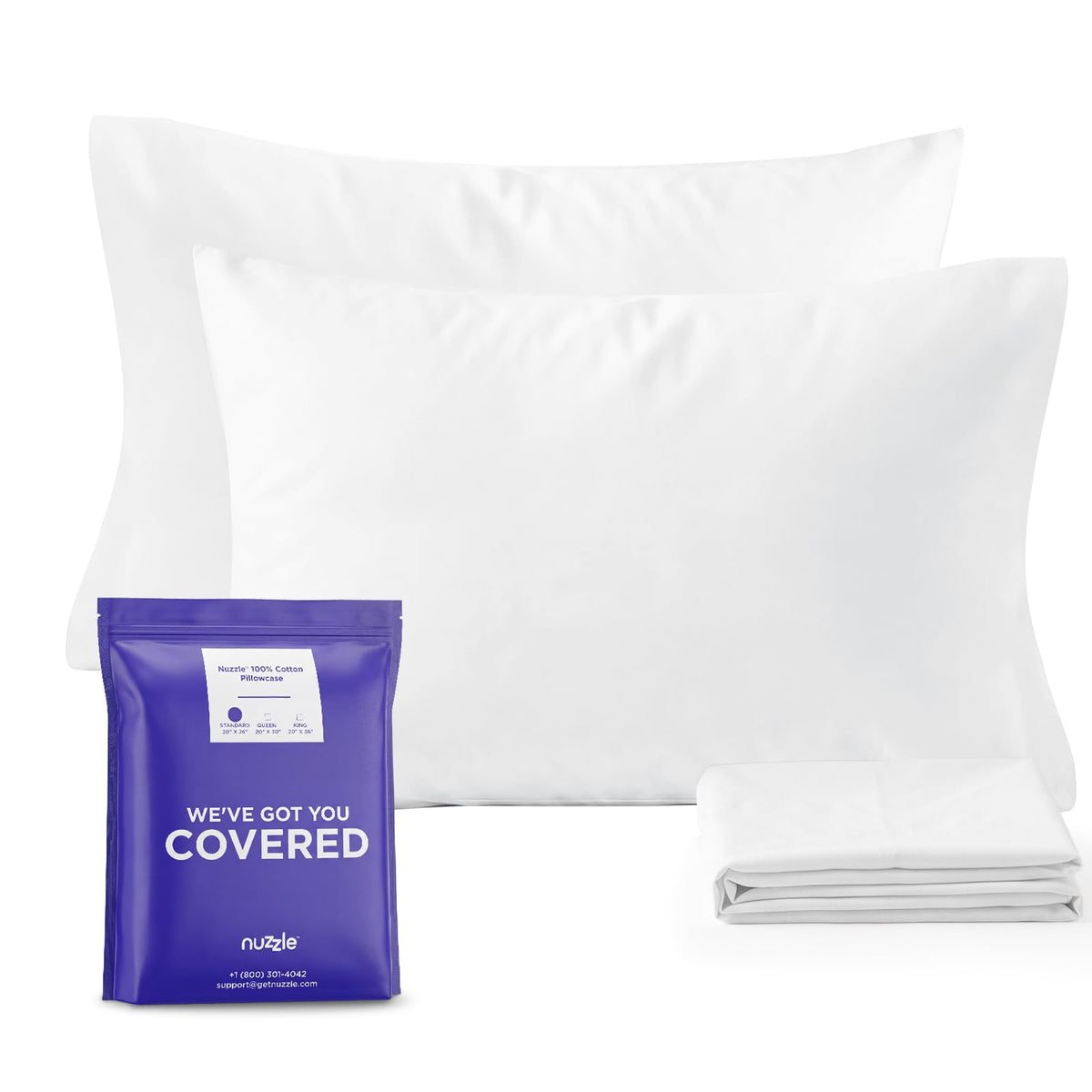 Nuzzle front packaging showing two white pillowcases for neat presentation