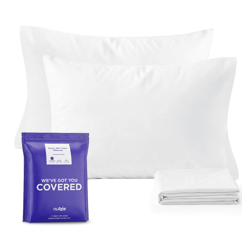 Nuzzle front packaging showing two white pillowcases for neat presentation